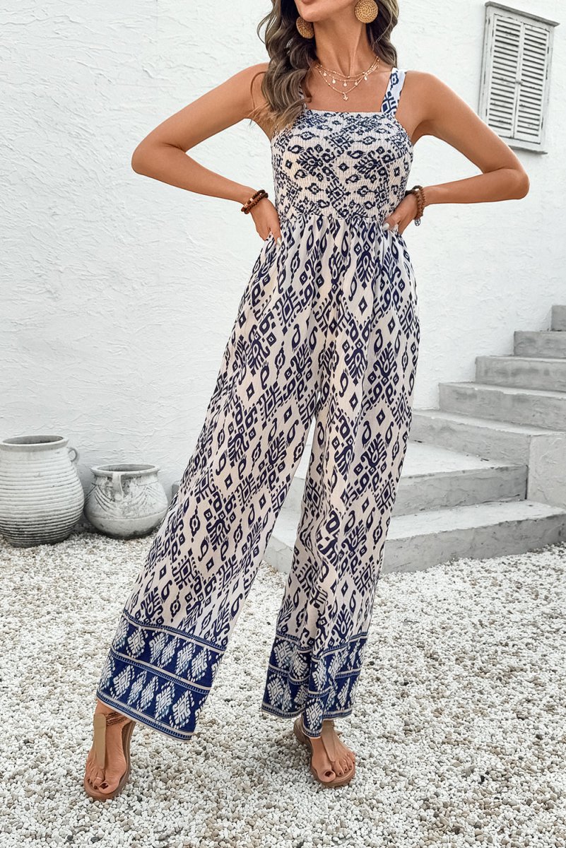 Blue Boho Geometric Print Shirred High Waist Jumpsuit - Love Salve